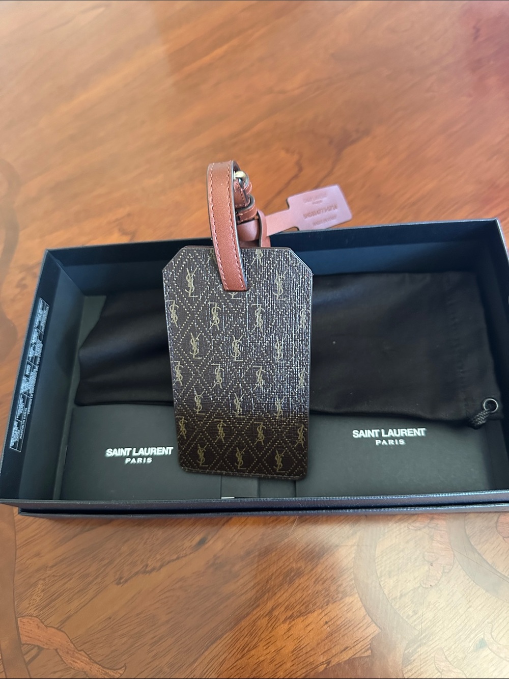 Saint Laurent Brown Monogram Leather Luggage Tag with Tan Strap